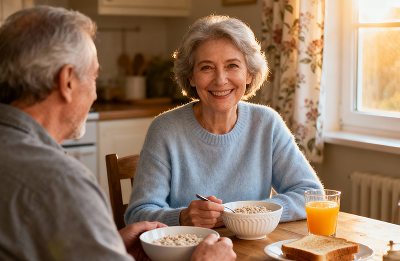 Пожилая пара завтракает
